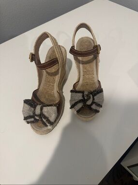 Prada Brown Leather Espadrille Wedge Sandals with Frayed Bow